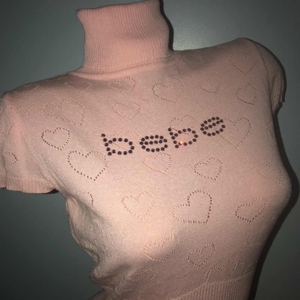 Bebe pink sweater heart cashmere cardigan sweatshirt crystal rhinestone Y2K Pom